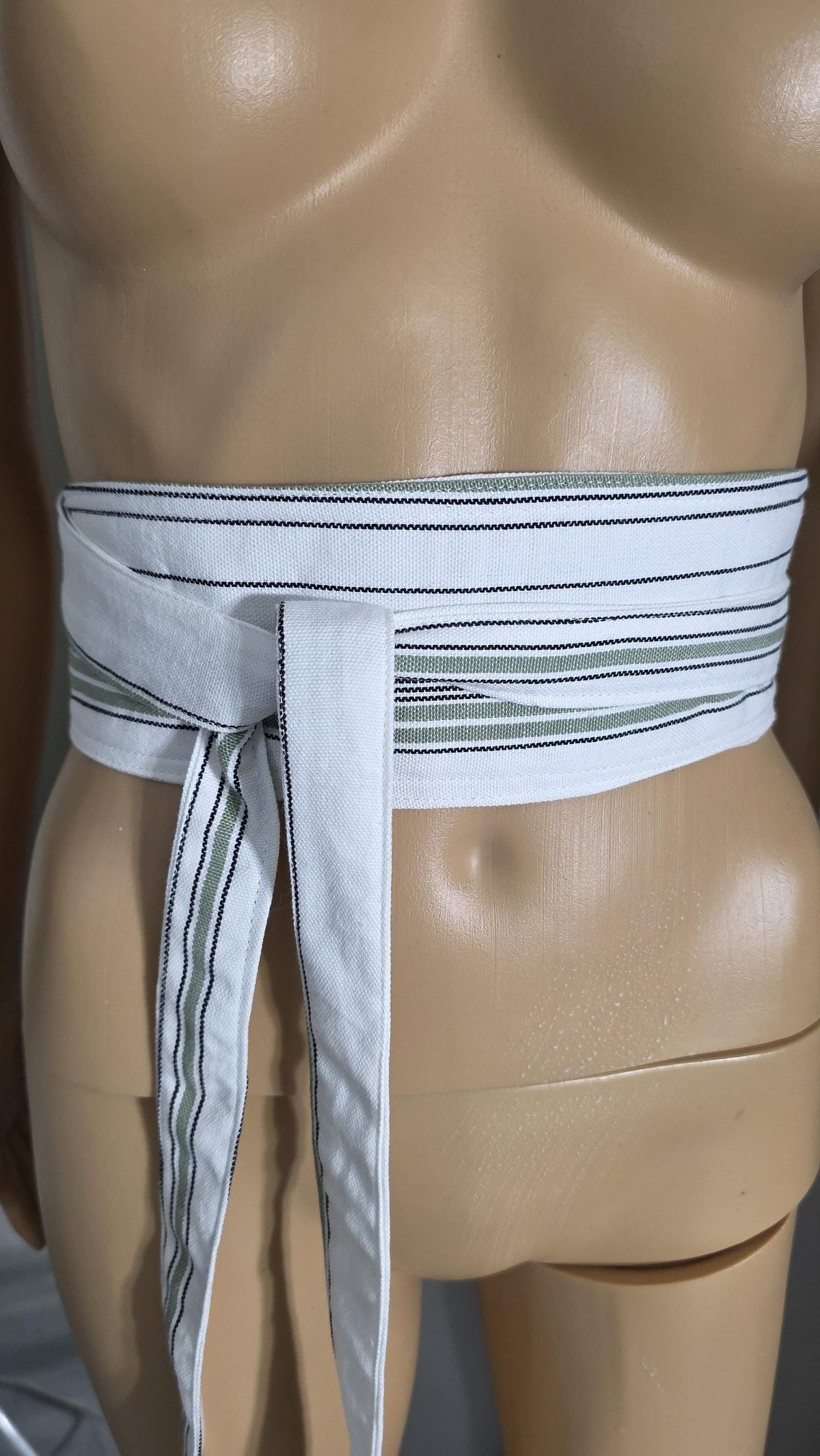 Handmade White & Sage Green Wrap Belt | Textured Woven Cotton Fabric Obi Belt | Minimalist Fashion