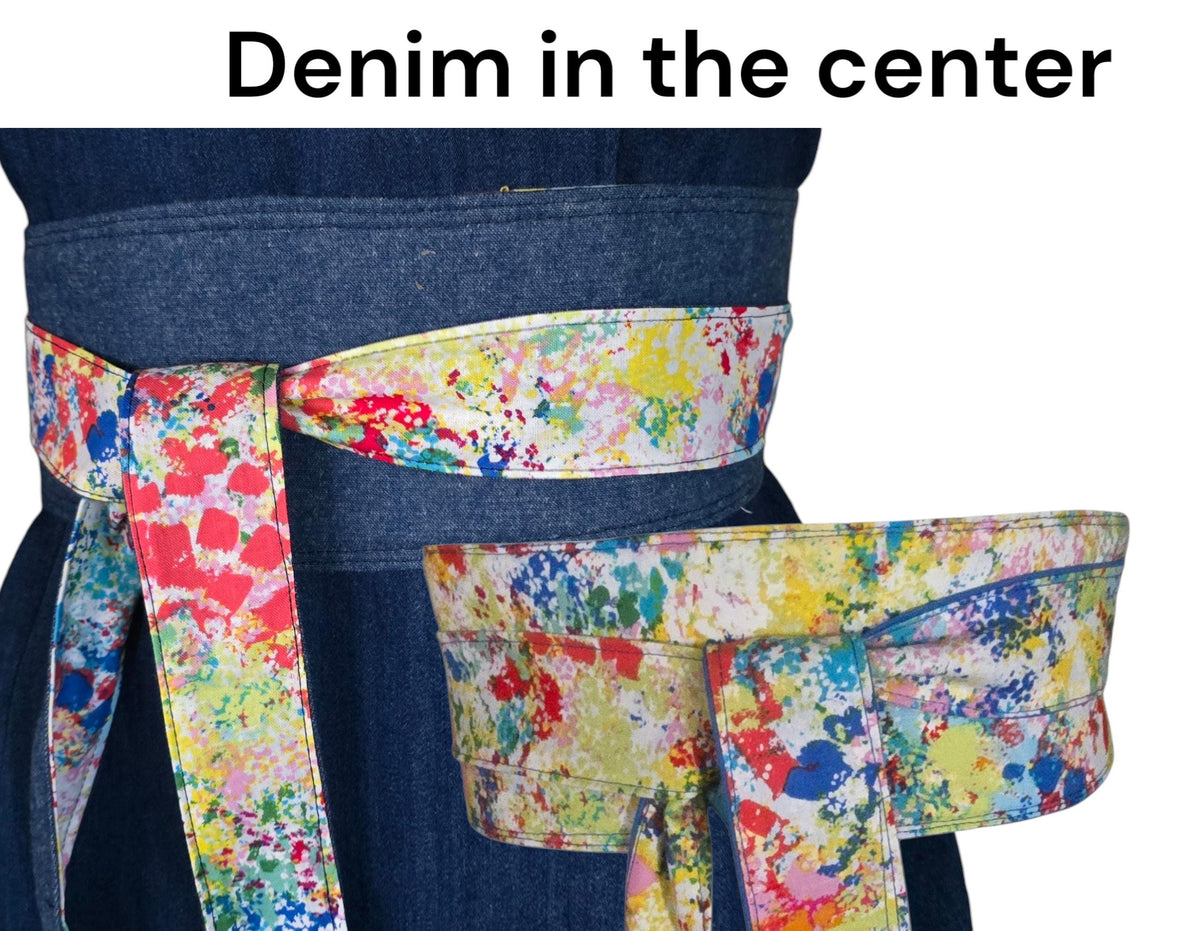 Reversible Obi Belt: Green & Multicolor Paint Splatter, Handmade Cotton Wrap