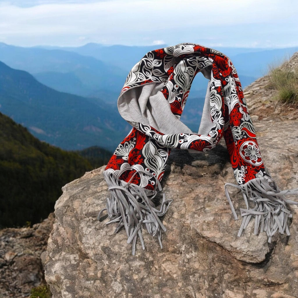 Handmade Floral Scarf: Red White Cotton Blend with Fringe
