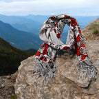 Handmade Floral Scarf: Red White Cotton Blend with Fringe