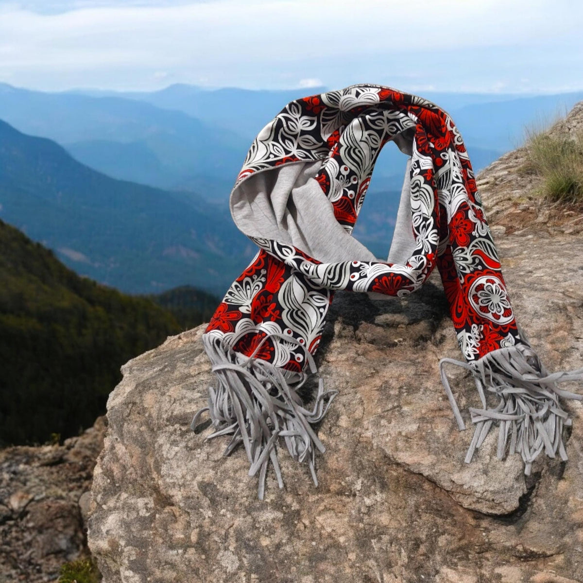 Handmade Floral Scarf: Red White Cotton Blend with Fringe