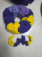 Handmade Crochet Scrunchie Hoop Earrings Set | Purple Yellow Bold Statement Accessory