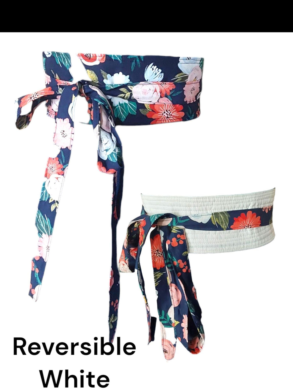 Handmade Reversible Obi Belt: Floral Wrap Waist Tie - Dark Blue
