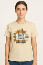 Handmade Christian T-Shirt | John 1:16 Plaid Patch Tee