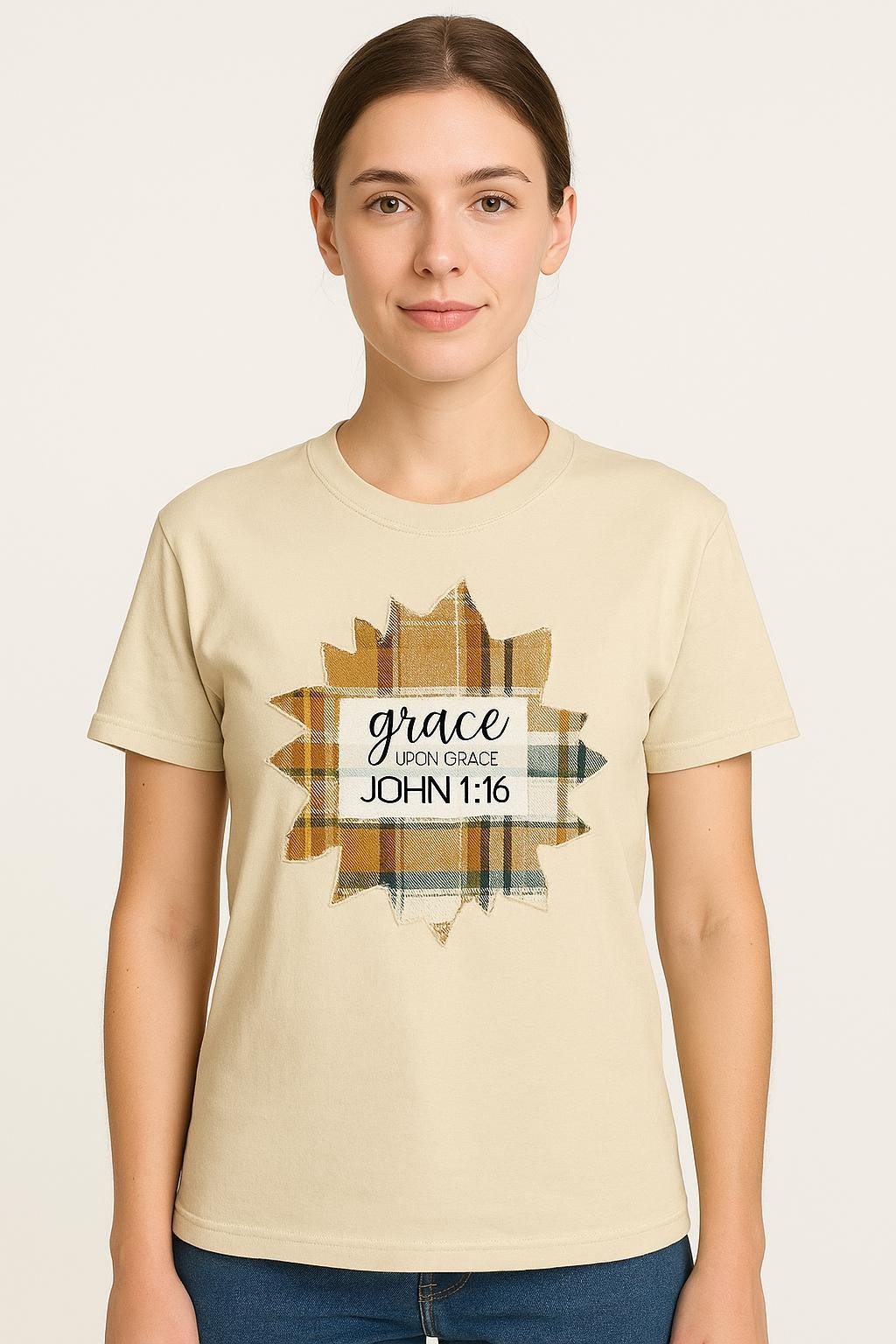 Handmade Christian T-Shirt | John 1:16 Plaid Patch Tee