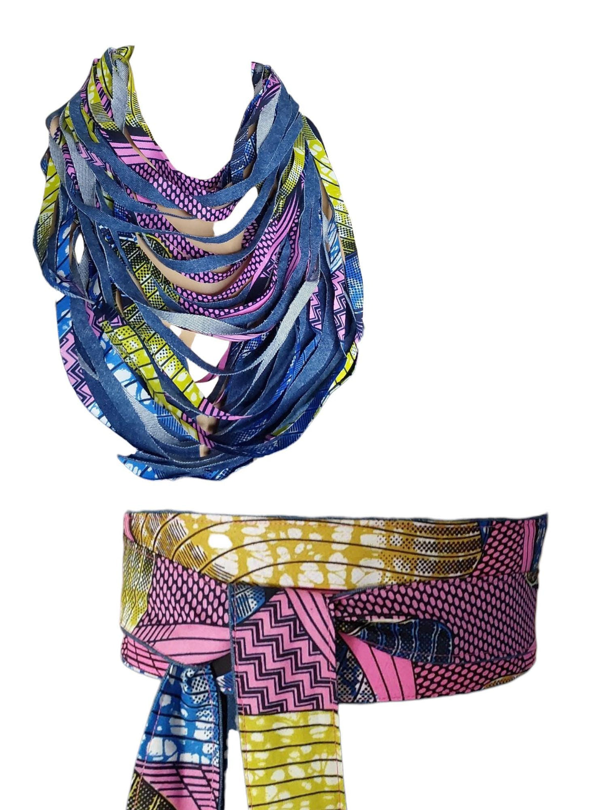 Handcrafted African Print Fabric Strip Necklace: Boho Denim Bib