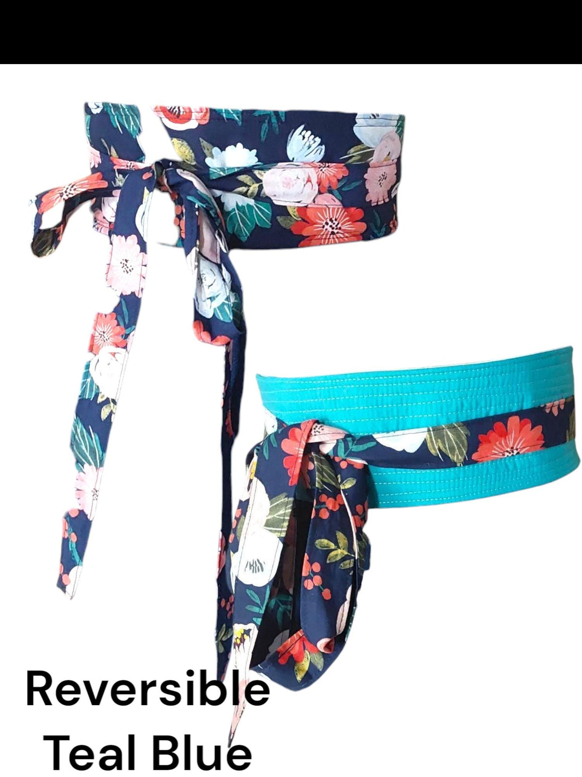 Handmade Reversible Obi Belt: Floral Wrap Waist Tie - Dark Blue