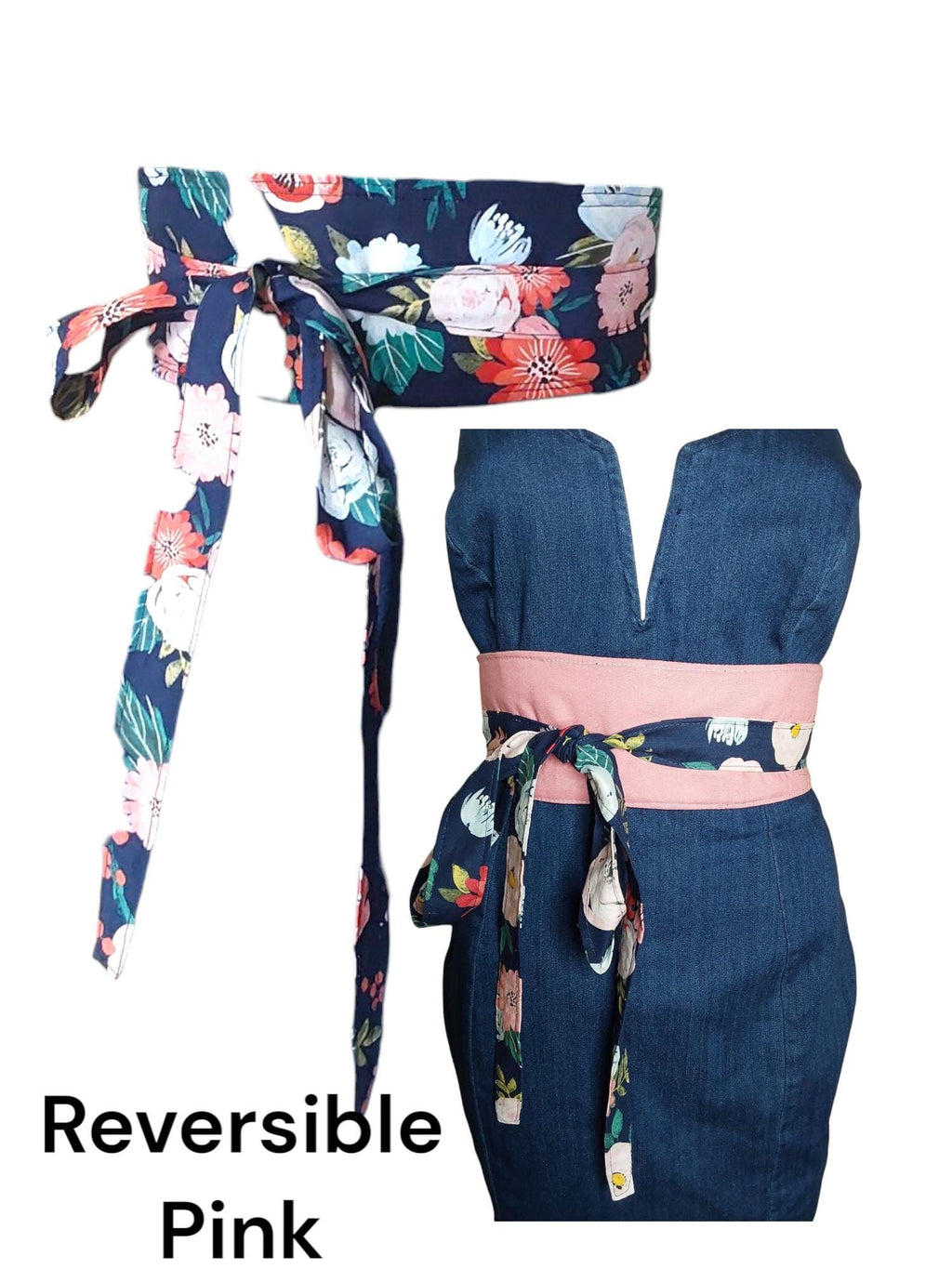 Handmade Reversible Obi Belt: Floral Wrap Waist Tie - Dark Blue