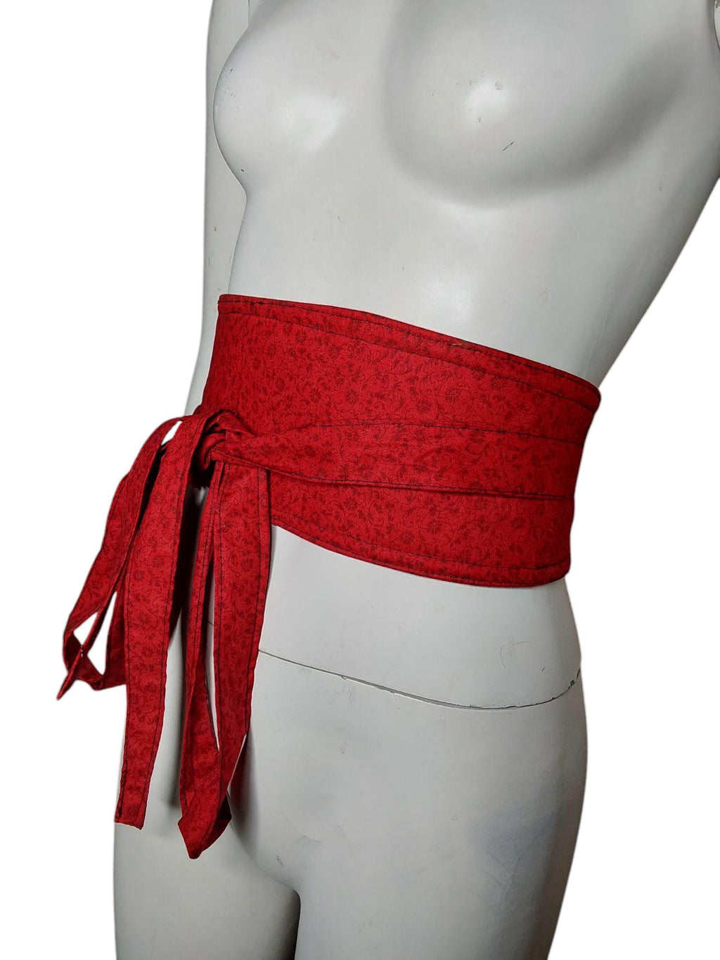 Handmade Reversible Obi Belt: Red & Black Floral Cotton Wrap