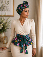 Handmade Floral Obi Belt: Green & Pink Reversible Cotton Waist Wrap