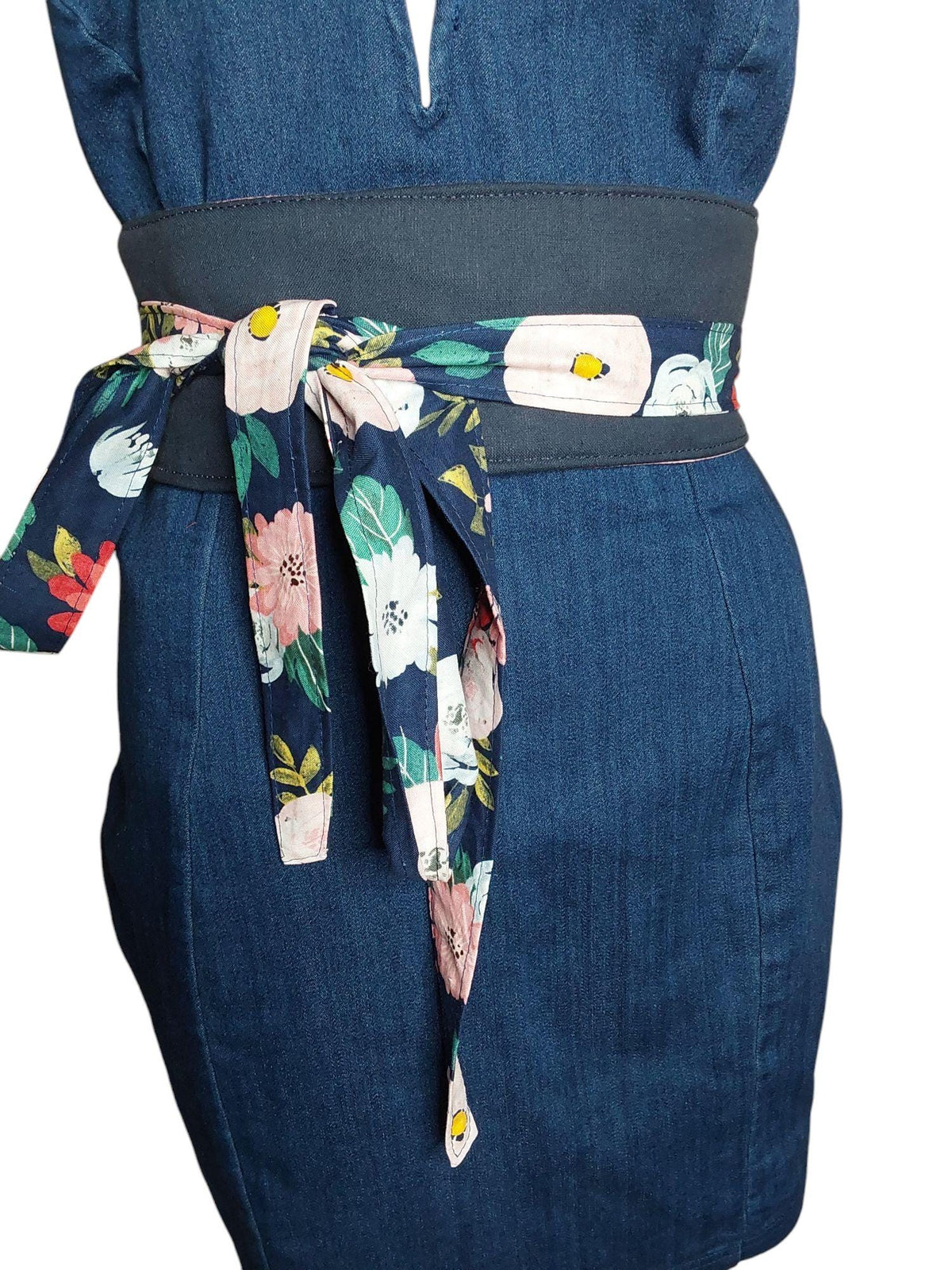 Handmade Reversible Obi Belt: Floral Wrap Waist Tie - Dark Blue