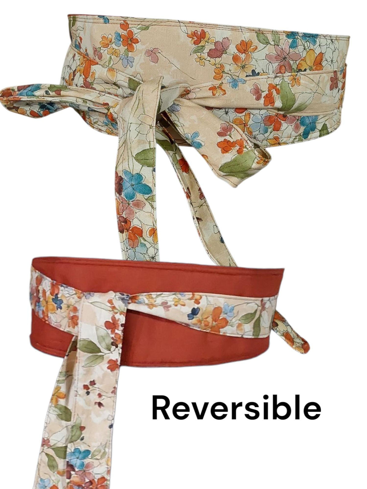 Reversible Obi Belt: Floral & Terracotta Cotton Wrap Waist Cincher