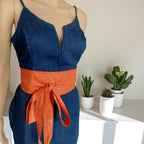Burnt Orange Linen Obi Belt | Wide Wrap Waist Sash, Adjustable Tie Belt