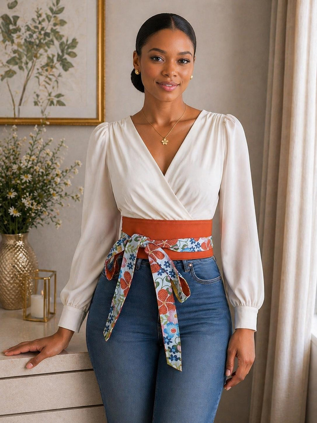 Handmade Reversible Floral Obi Belt: Adjustable Wrap Waist Cincher