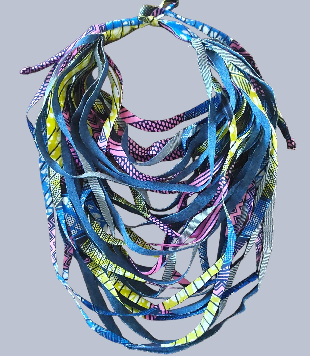 Handcrafted African Print Fabric Strip Necklace: Boho Denim Bib