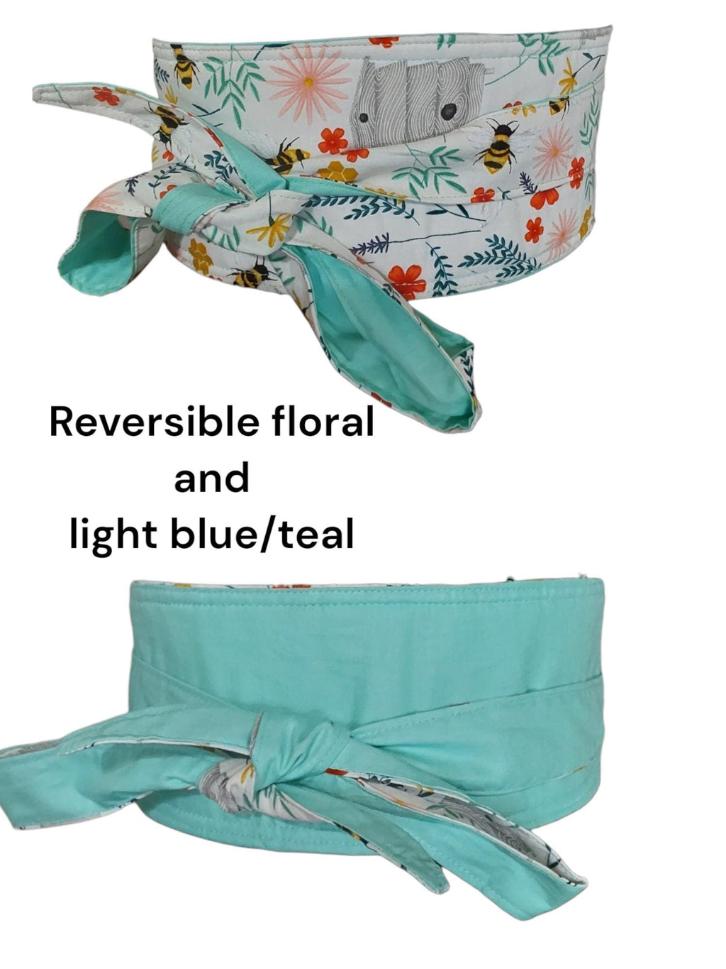 Reversible Floral Obi Belt: Bee & Wildflower Print, Yellow or Teal
