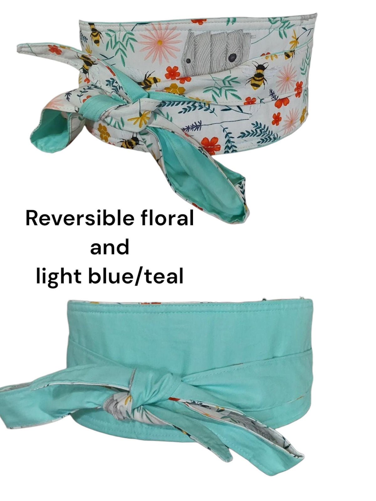 Reversible Floral Obi Belt: Bee & Wildflower Print, Yellow or Teal