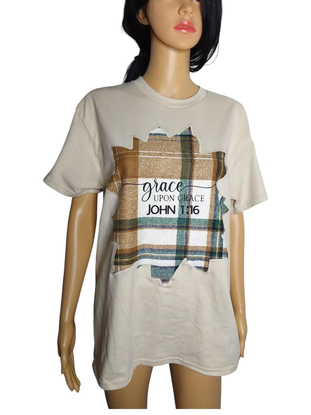 Handmade Christian T-Shirt | John 1:16 Plaid Patch Tee