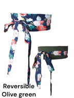 Handmade Reversible Obi Belt: Floral Wrap Waist Tie - Dark Blue