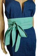 Reversible Obi Belt: Handmade Forest Green & Light-Cyan Cotton Wrap