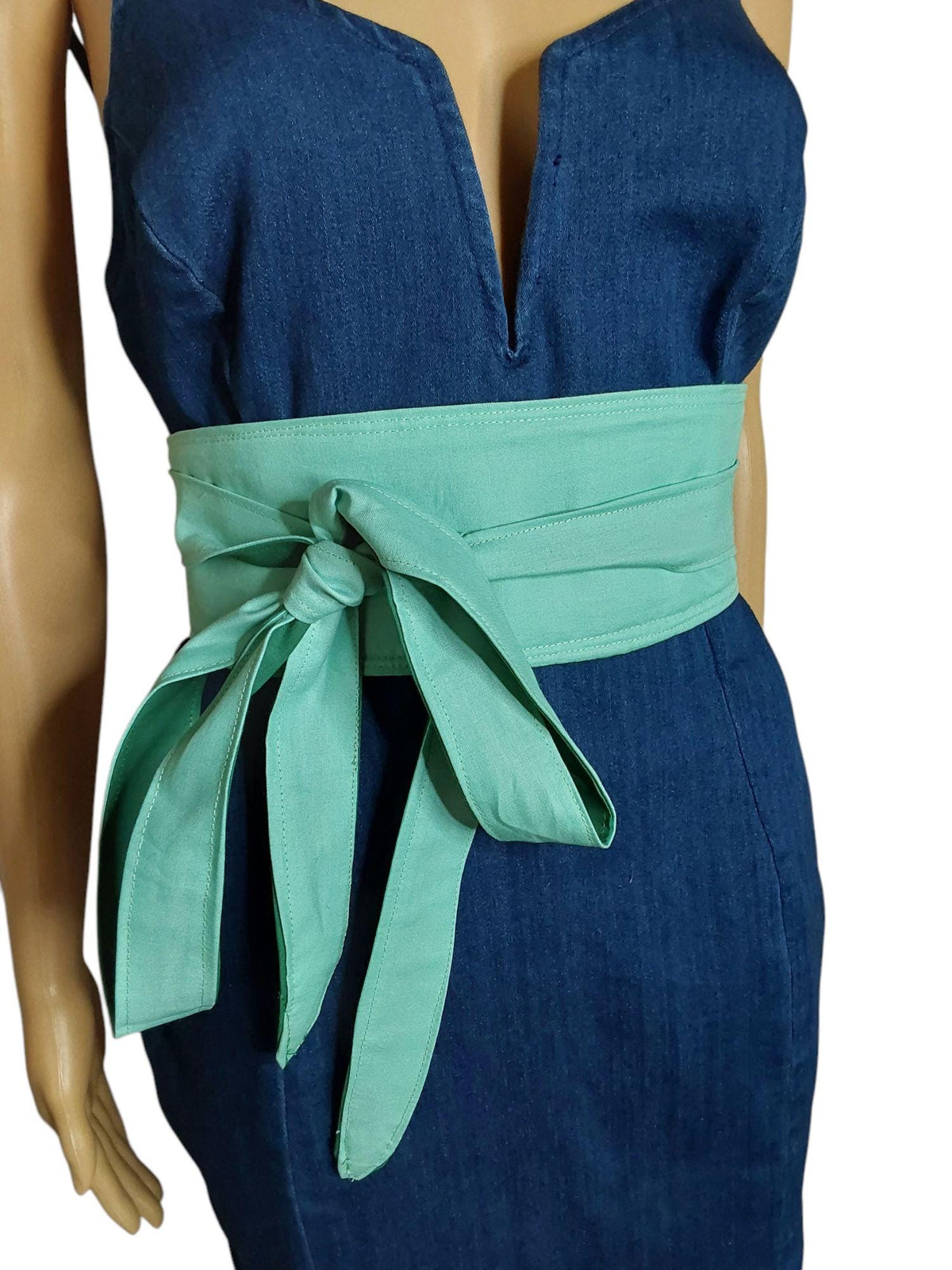 Reversible Obi Belt: Handmade Forest Green & Light-Cyan Cotton Wrap