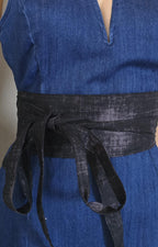 Handmade Black Cotton Obi Belt: Adjustable Waist Wrap Tie