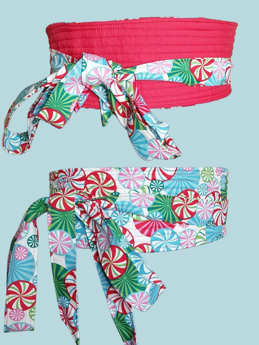 Peppermint Swirl Reversible Obi Belt | Festive Wrap Belt | Colorful Cotton Waist Cincher | Handmade