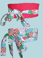Peppermint Swirl Reversible Obi Belt | Festive Wrap Belt | Colorful Cotton Waist Cincher | Handmade