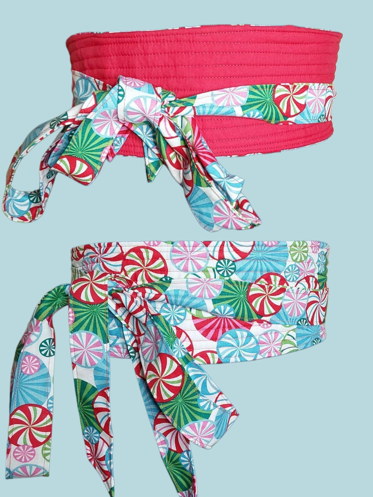 Peppermint Swirl Reversible Obi Belt | Festive Wrap Belt | Colorful Cotton Waist Cincher | Handmade