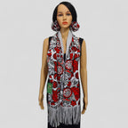 Handmade Floral Scarf: Red White Cotton Blend with Fringe