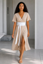 Handmade White Linen Texture Obi Wrap Belt with Keyhole