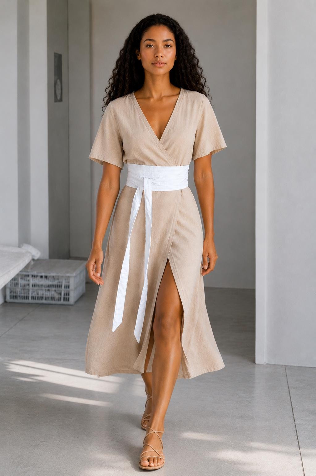 Handmade White Linen Texture Obi Wrap Belt with Keyhole