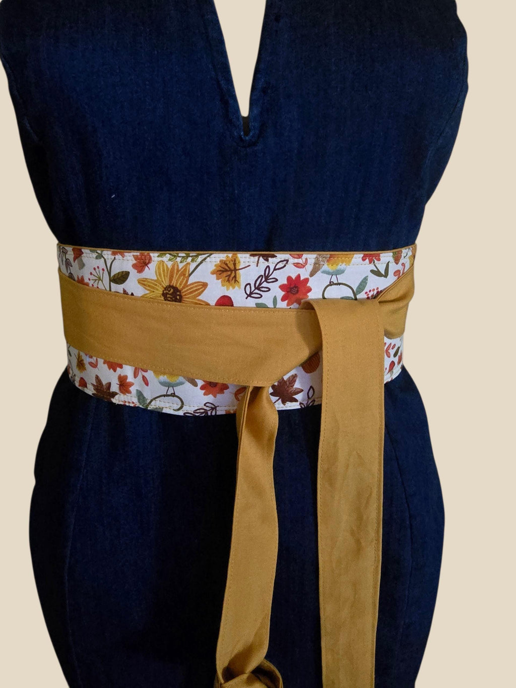 Reversible Fall Floral Obi Belt – Handmade Wrap Belt in Mustard, Green, and Autumn Blooms