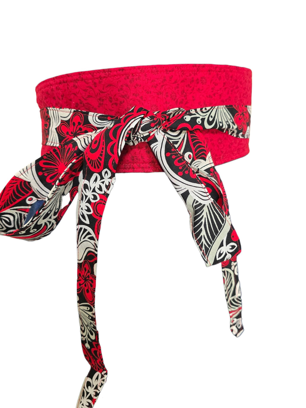 Handmade Reversible Obi Belt: Red & Black Floral Cotton Wrap