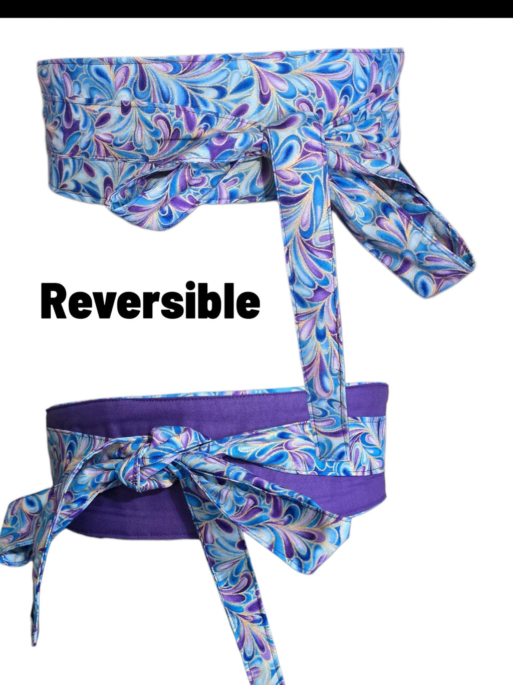 Reversible Obi Belt: Purple & Blue Swirl Cotton Wrap Waist Tie