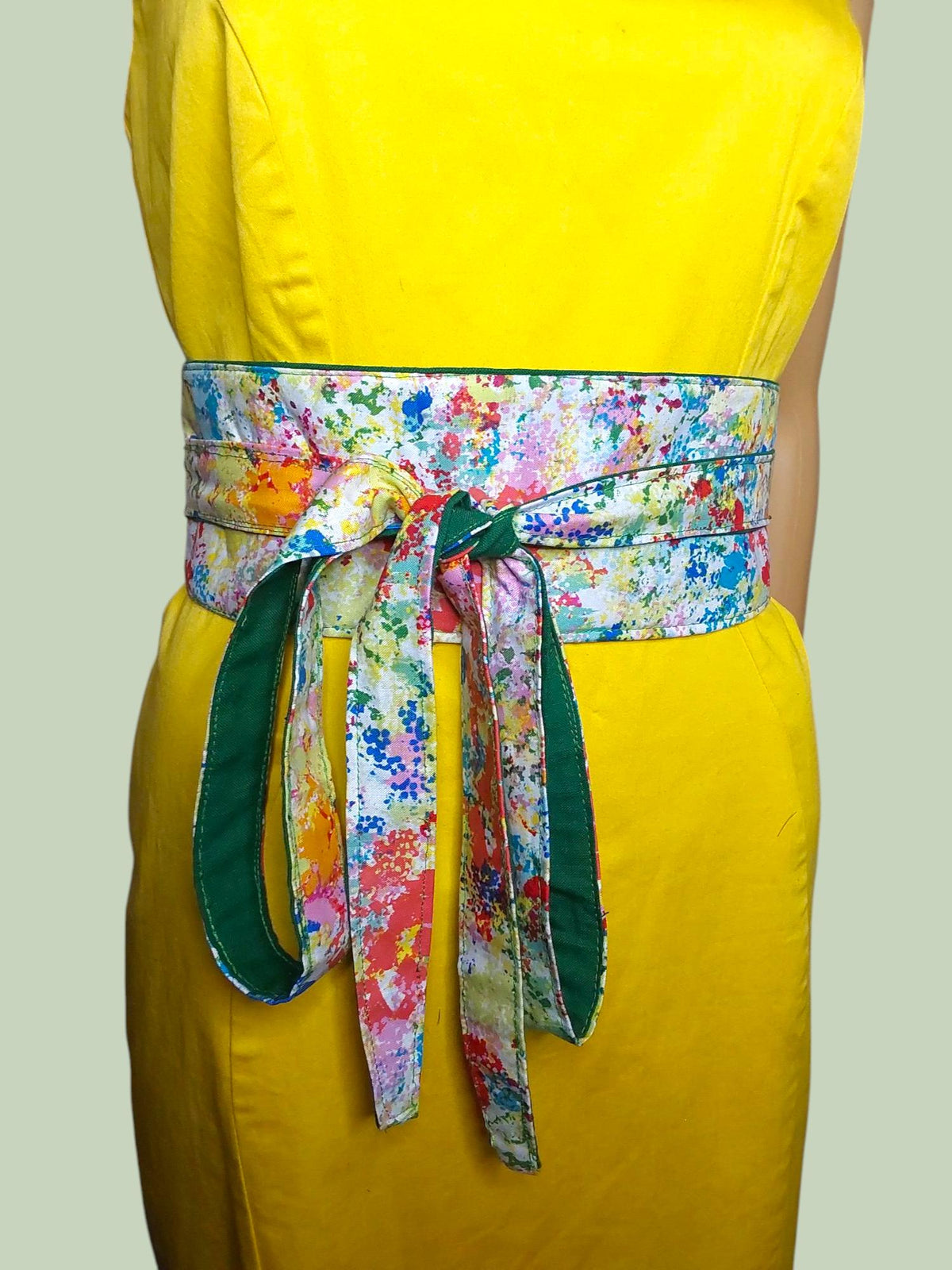 Reversible Obi Belt: Green & Multicolor Paint Splatter, Handmade Cotton Wrap